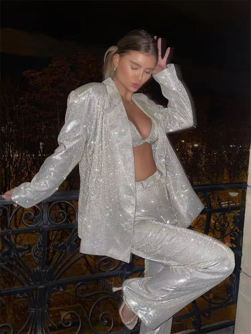 Sliver Sparkly Oversized Blazer Sets for Women Suit Ladies Casual Glitter Coat and Pants Sets Blazer Femme Mujer Party